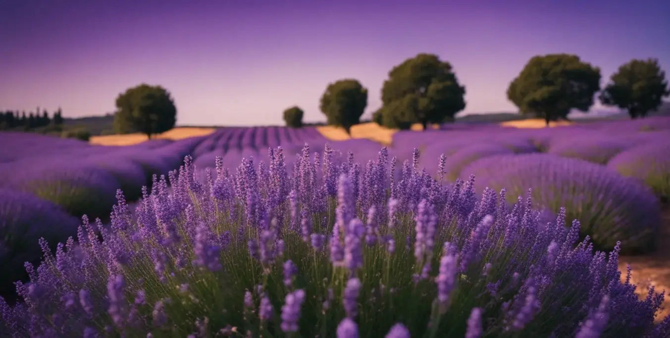 Banner da loja evoessncia com um campo de lavanda em flor