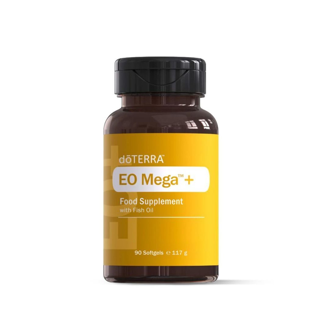 Frasco de cápsulas EO Mega+ da doTERRA – suplemento com óleo de peixe e benefícios para o bem-estar diário.